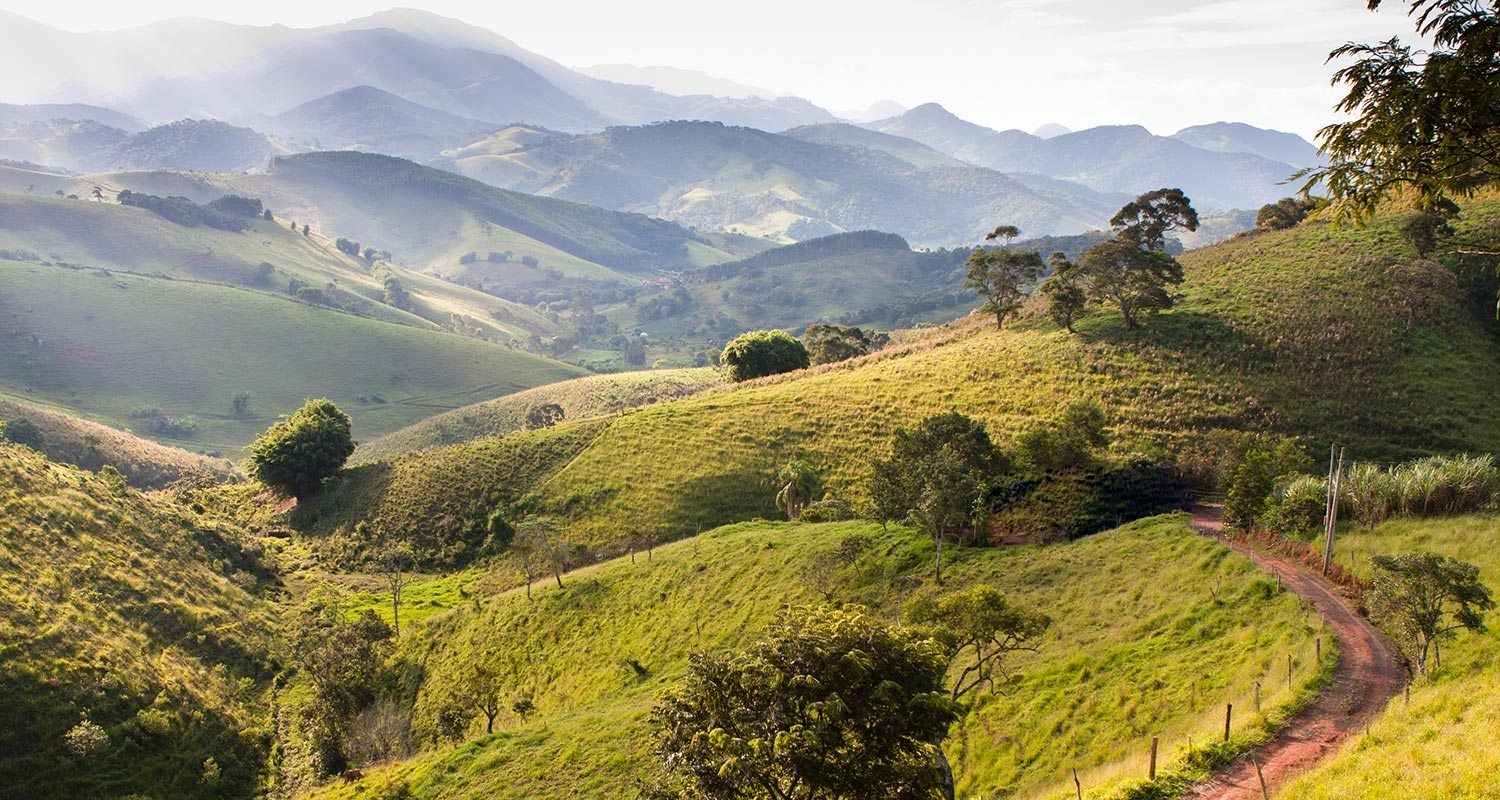 Montanhas da Serra da Mantiqueira no Sul de Minas, com pastos verdes e névoa ao fundo